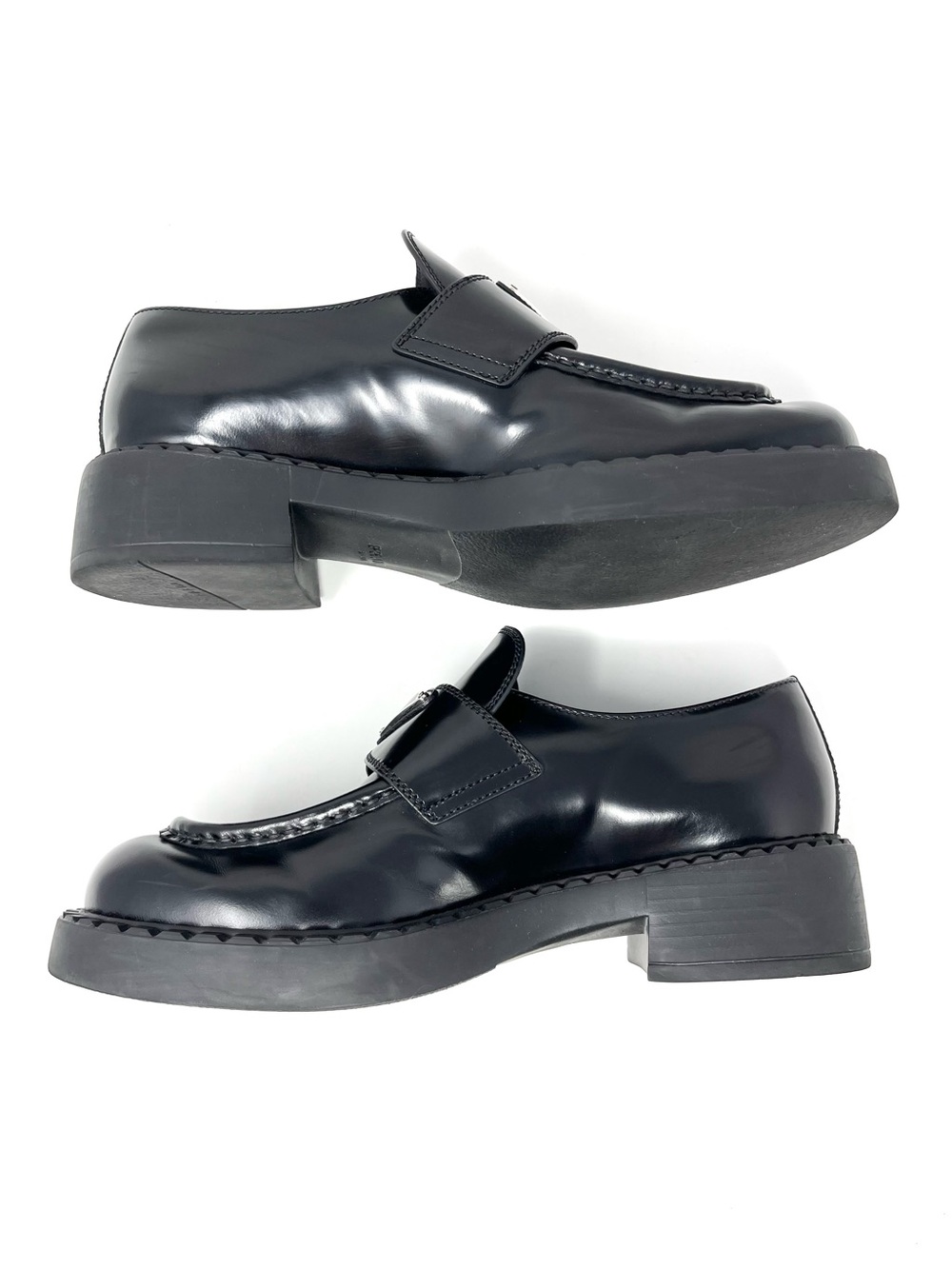 Prada Chocolate Black Triangle Logo Brushed Leather Loafers Heels Chunky 38.5 - Picture 7 of 14